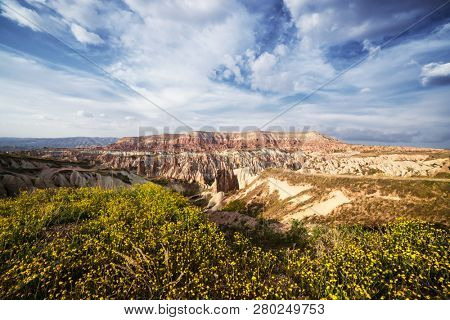 Amazing sunrise in Cappadocia mountains, Turkey. Landscape photography