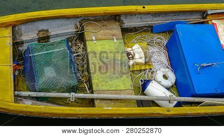 View From The Above Of Fishing Nets And Rope Rest On Top Of A Traditional Labuanese Fishing Boat In 