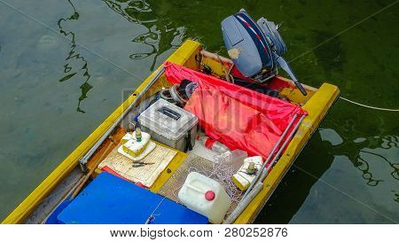 View From The Above Of Fishing Nets And Rope Rest On Top Of A Traditional Labuanese Fishing Boat In 
