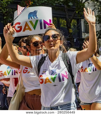San Francisco, California, June 24, 2018:  Gay Pride Parade - Mayor Gavin Newsom Supporters March