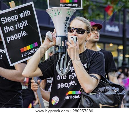 San Francisco, California, June 24, 2018:  Gay Pride Parade - Fairhotel.org Marches