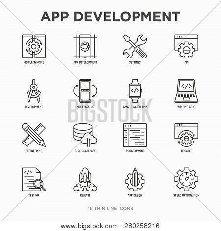 App Development Thin Line Icons Set: Writing Code, Multitasking, Smart Watch App, Engineering, Updat