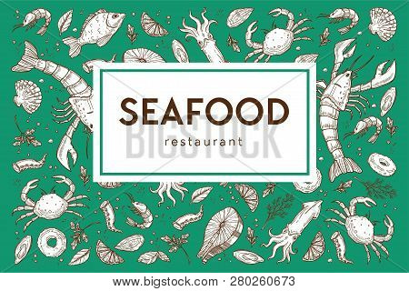 Seafood Restaurant Sketch Poster For Menu Or Tablemat Template.