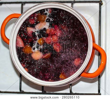 Berry Compote Is Prepared In A Saucepan. Homemade Compote Of Fresh Berries. Healthy And Wholesome Fo