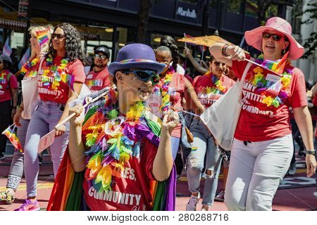 San Francisco, California, June 24, 2018:  Gay Pride Parade -  Many Identities, One Community  Group