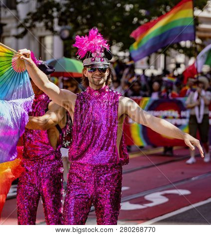San Francisco, California, June 24, 2018:  Gay Pride Parade - Gay Man Marches