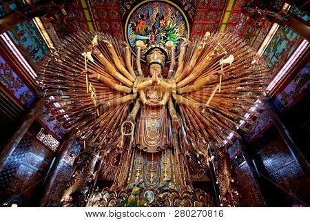 Kanchanaburi.thailand,jan 24,2019 ,take Photo  Large Guan Yin Bodhisattva Carved From Wood 12 Meters