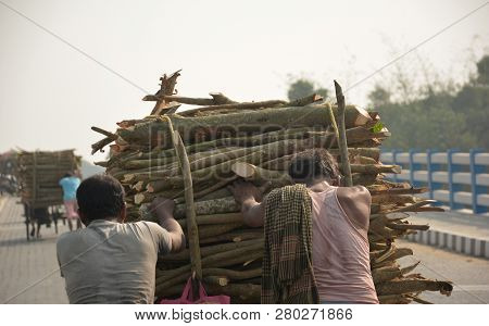 A Man Wearing Blue T Shirt And Shorts Pushing A Cycle Van Rickshaw Filled With Freshly Cut Logs Or F