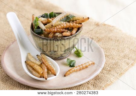 Food Insects: Bamboo Worm (bamboo Caterpillar) Insect Fried Crispy For Eating As Food Items On Dish 