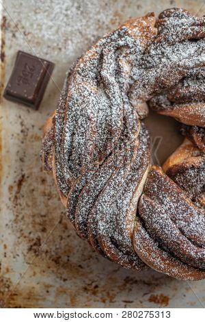 Home Made Traditional Sweet Chocolate Babka On Plate On A Table