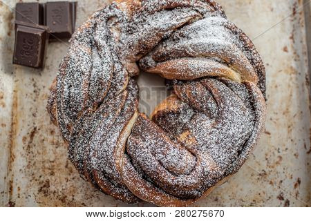 Home Made Traditional Sweet Chocolate Babka On Plate On A Table