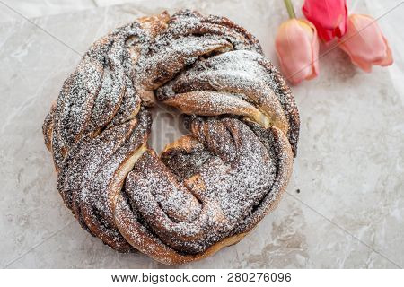 Home Made Traditional Sweet Chocolate Babka On Plate On A Table