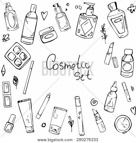 Vector Hand-drawn Cosmetics And Bottles. Black White Illustration. Many Items