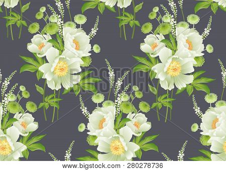 Garden Flowers. Floral Seamless Pattern. Peonies, Asters, Branches, Foliage, Herbs On Gray Backgroun