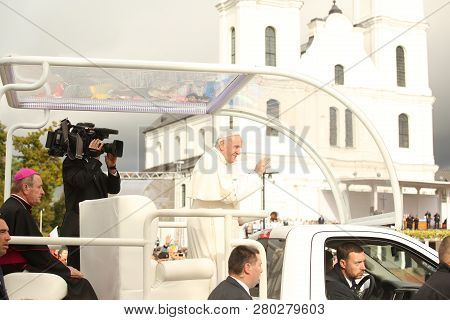 24.09.2018. Aglona, Latvia. His Holiness Pope Francis Driving At Pope Mobile