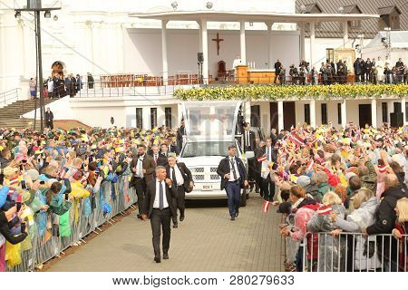 24.09.2018. Aglona, Latvia. His Holiness Pope Francis Driving At Pope Mobile