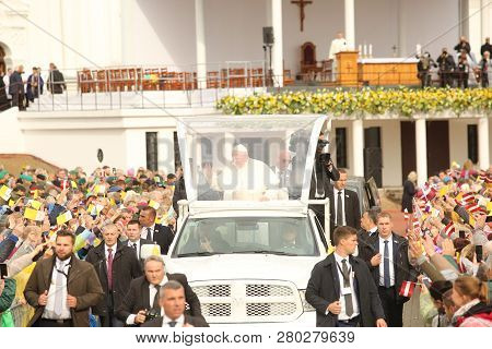24.09.2018. Aglona, Latvia. His Holiness Pope Francis Driving At Pope Mobile
