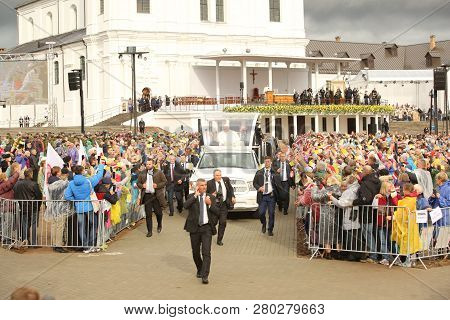 24.09.2018. Aglona, Latvia. His Holiness Pope Francis Driving At Pope Mobile