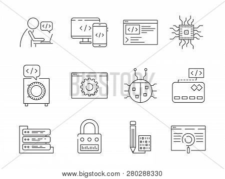 Programmer Icon. Coder Web Dev Worker Bug Fixes Nodes Qa System Testing Engineering Vector Thin Line