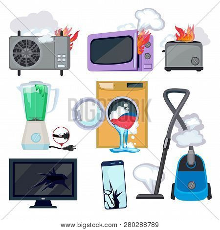 Damaged Appliance. Broken Household Equipment Fire Stove Microwave Washing Machine Repair Laptop Com