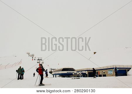 Solda, Italy - 03 24 2013: Beautiful Cloudy View Of Ski Resort Solda, Sulden
