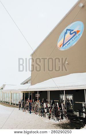 Solda, Italy - 03 24 2013: Beautiful Cloudy View Of Ski Resort Solda, Sulden