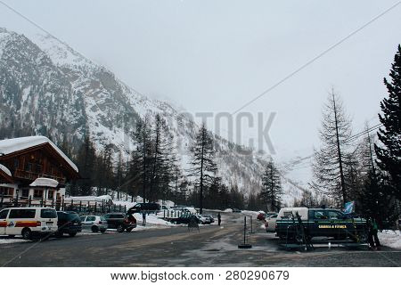 Solda, Italy - 03 24 2013: Beautiful Cloudy View Of Ski Resort Solda, Sulden