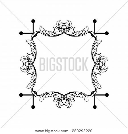 Floral Vintage Decorative Vector Frame. Flower Black Ink Square Filigree Border With Text Space. Iso