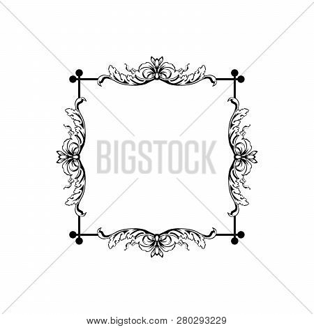 Floral Vintage Decorative Vector Frame. Flower Black Ink Square Filigree Border With Text Space. Iso