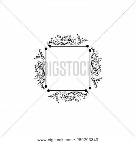 Floral Vintage Decorative Vector Frame. Flower Black Ink Square Filigree Border With Text Space. Iso