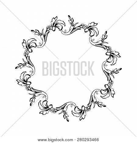 Floral Vintage Decorative Vector Frame. Flower Black Ink Circle Filigree Border With Text Space. Iso