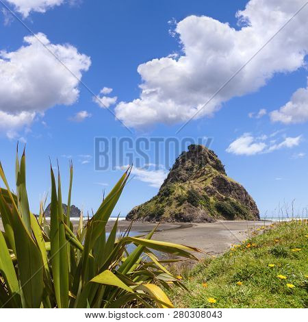 Piha Beach With Lion Rock, Auckland Region, New Zealand.