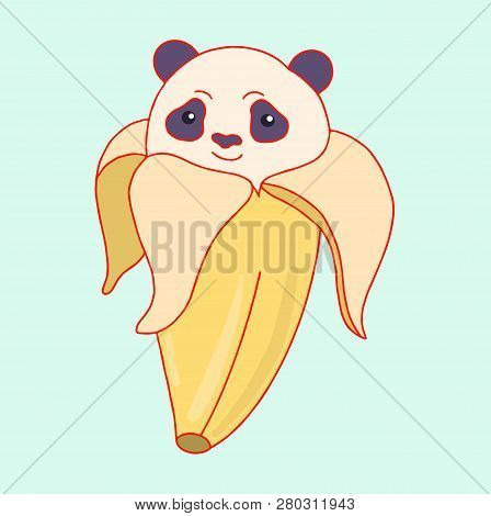 Vector Illustration . Little Panda And Banana On A Blue Background.