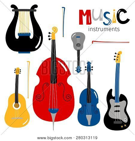 Vector Stringed Musical Instruments Icons Isolated On White Background. Illustration Of Guitar And D