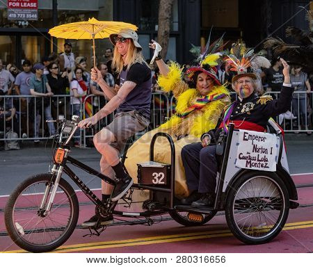 San Francisco, California, June 24, 2018:  Gay Pride Parade - Emperor Norton And Countess Lola Monte