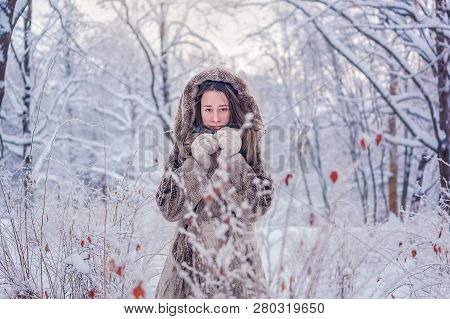 Young Woman In Winter Forest, Snowinf And Cold Winter, Girl In Fur Coat, Warm Clotes, Looking Straig