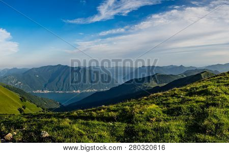 Panoramic View Of Lake Como And Monte San Primo As Seen From Monte Galbiga, Lombardy, Italy