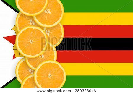 Zimbabwe Flag And Citrus Fruit Slices Vertical Row