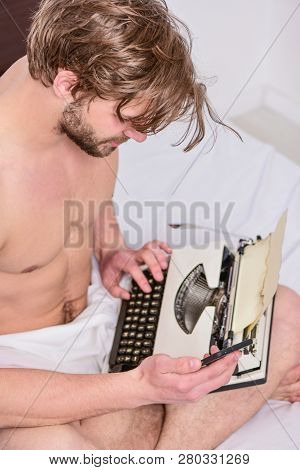 Keep Working And Become Great. Writer Near Typewriter. Inspiration Crisis And Lack Ideas. Looking Fo