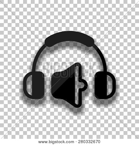 Headphones And Volume Level. Medium Volume Level. Simple Icon. Black Glass Icon With Soft Shadow On 