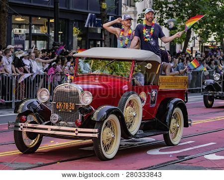 San Francisco, California, June 24, 2018:  Gay Pride Parade - Corporate Red And White Fleet Float