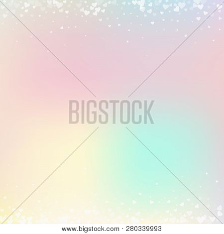 White Heart Love Confettis. Valentine Day Borders Glamorous Background. Falling Transparent Hearts C