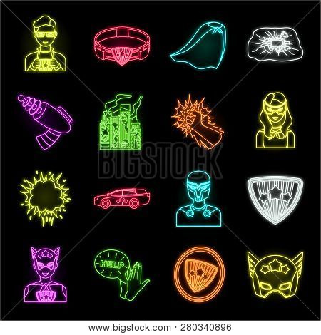 A Fantastic Superhero Neon Icons In Set Collection For Design. Superheros Equipment Vector Symbol St