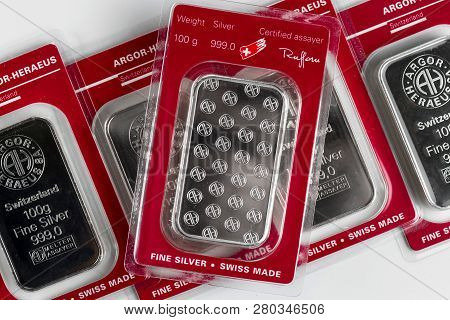 Kiev, Ukraine - December 05, 2018: Several Minted Silver Bars Weighing 100 Grams In Transparent Blis