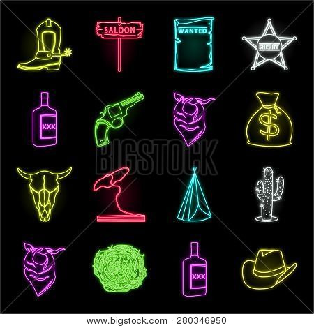 Attributes Of The Wild West Neon Icons In Set Collection For Design.texas And America Vector Symbol 