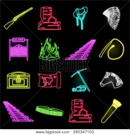 Attributes Of The Wild West Neon Icons In Set Collection For Design.texas And America Vector Symbol 