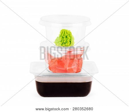 Set Of Sushi Tablewear Saucer With Soy Sauce, Small White Bowls For Ginger And Wasabi At White Backg