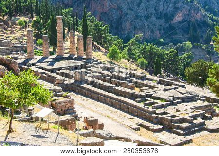 Delphi, Greece: Ruins Of Temple Of Apollo With Delphi Oracle, Centre Of Greek Culture.