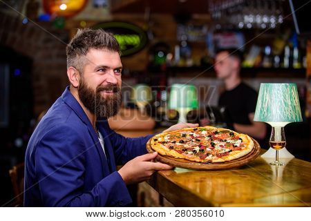 Man Received Delicious Pizza. Enjoy Your Meal. Cheat Meal Concept. Hipster Hungry Eat Italian Pizza.