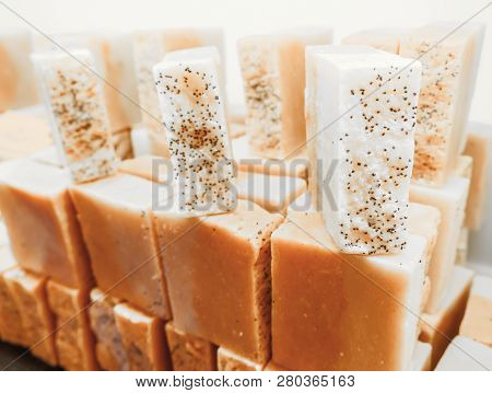 Bars Of Soap On A Shop Window. Ylang-ylang Soap With Natural Cedar Oil And Herbal Ingredients. Handm